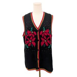 Westbound‎ Vintage Poinsettia Knit Sweater Vest L Cottagecore Holiday Grannie